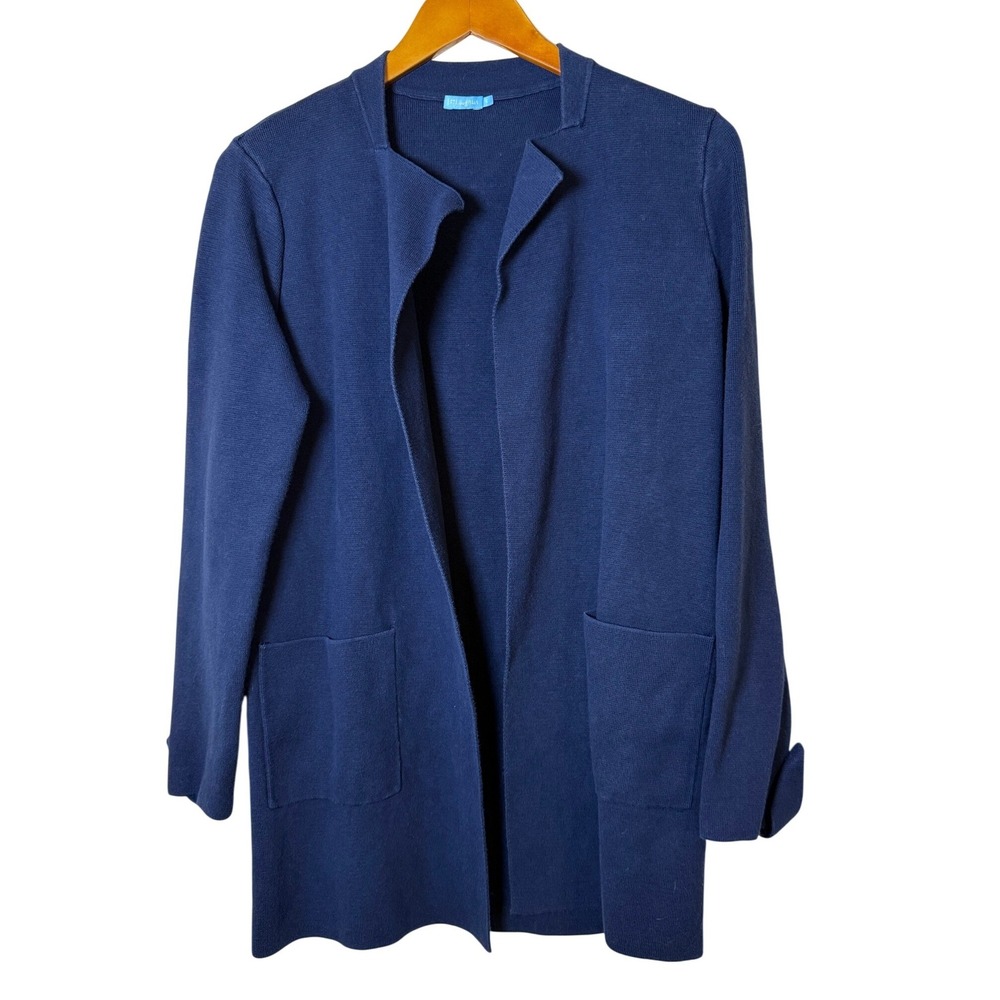 J.McLaughlin Women Cardigan Sweater S Navy Blue Open Front Pocket Preppy Classic
